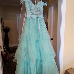 Aqua Lace Bodice Ruffled Tulle Prom Dress with Bow